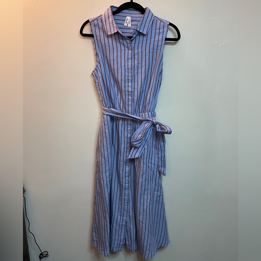 Pact Sleeveless Blue and White Striped Midi Dress with Tie Waist
